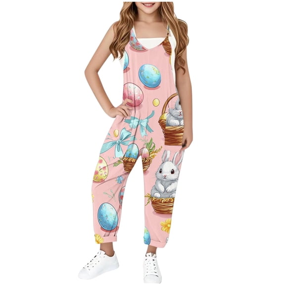 Girls'S Easter Jumpsuit One Piece Funny Easter Printed Jumpsuit For Medium And Large Childrens Pink 13-14 Years