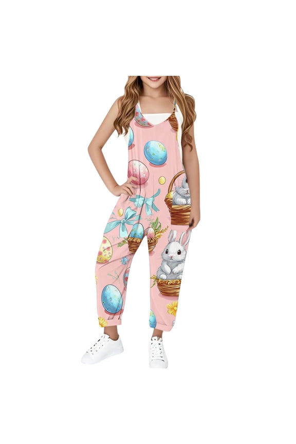 Girls'S Easter Jumpsuit One Piece Funny Easter Printed Jumpsuit For Medium And Large Childrens Pink 9-10 Years