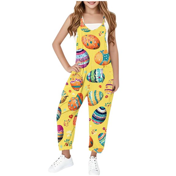 Girls'S Easter Jumpsuit One Piece Funny Easter Printed Jumpsuit For Medium And Large Childrens Yellow 13-14 Years