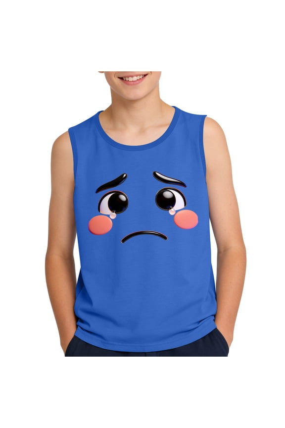 Boys Sad Face Graphic Tank Top Soft Stretchy Polyester Summer Sleeveless Shirts Blue Kids Clothes,Size 14 T