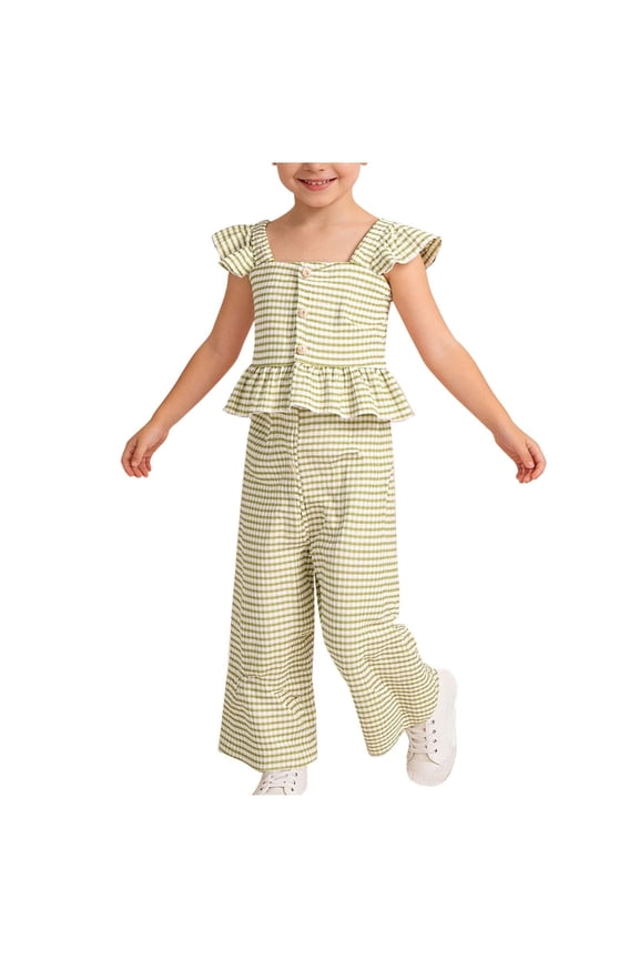 Girls Sage Green Gingham 2-Piece Set Ruffle Sleeve Peplum Top & Wide Leg Pants Playtime Everyday Outfit Kids to Kids 2-7 Years,Size 5-6T