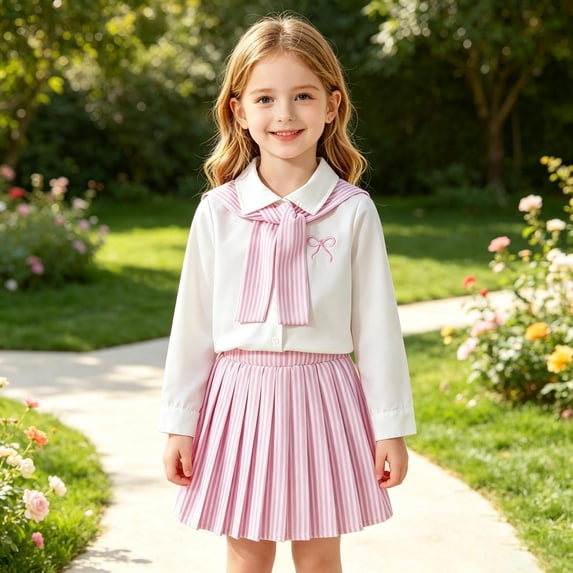 Pink Place Setting Girls Sailor Collar Matching Set Striped Pleated Skirt Long Sleeve ...