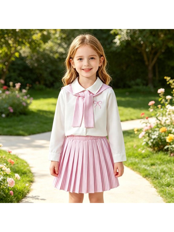 Girls Sailor Collar Matching Set Striped Pleated Skirt Long Sleeve Blouse 2 Piece School Outfit Bow Front Uniform Ensemble