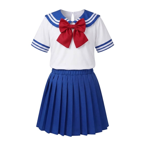 Girls Sailor Uniform 2-Piece Set Cheerleader Style Short Sleeve Top with Bow + Pleated Skirt for Kids Back to School Performances Stage Show(Blue-Skirt,6-7 Years)