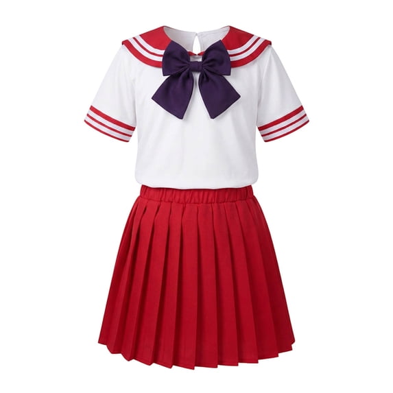 Girls Sailor Uniform 2-Piece Set Cheerleader Style Short Sleeve Top with Bow + Pleated Skirt for Kids Back to School Performances Stage Show(Red-Skirt,9-10 Years)