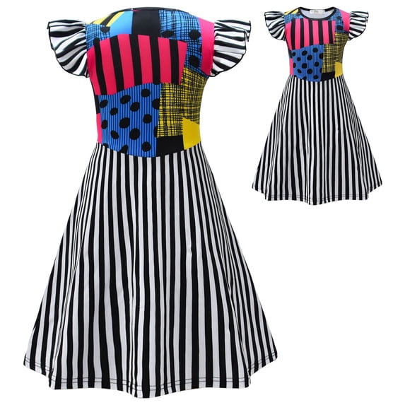 Girls Sally Costume Dress Short Sleeve Halloween Cosplay Fancy Paty Dress