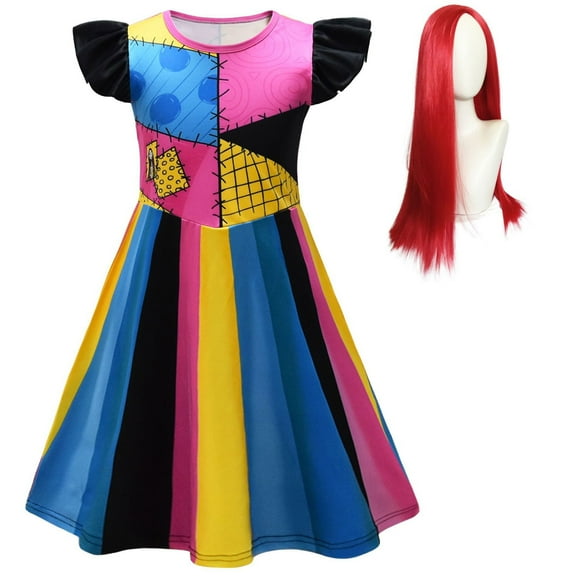 Girls Sally Dress with Wig Nightmare Halloween Christmas Cartoon Fancy Dress Up, Size 5-6Y