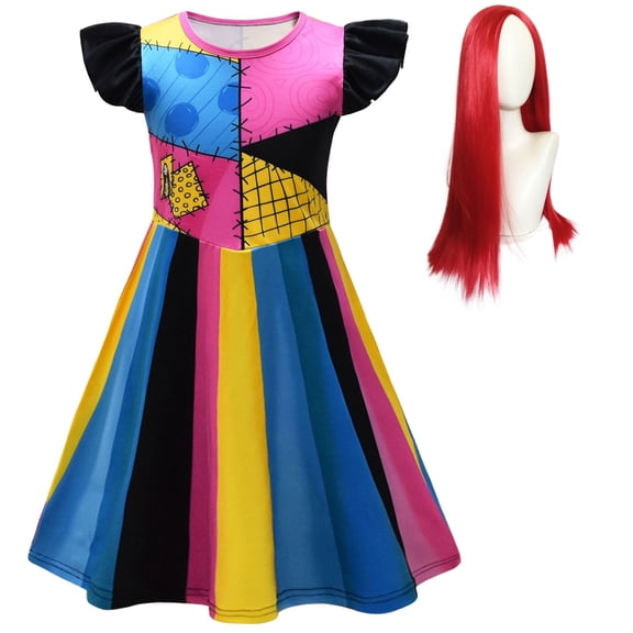 Girls Sally Dress with Wig Nightmare Halloween Christmas Cartoon Fancy Dress Up, Size 7-8Y