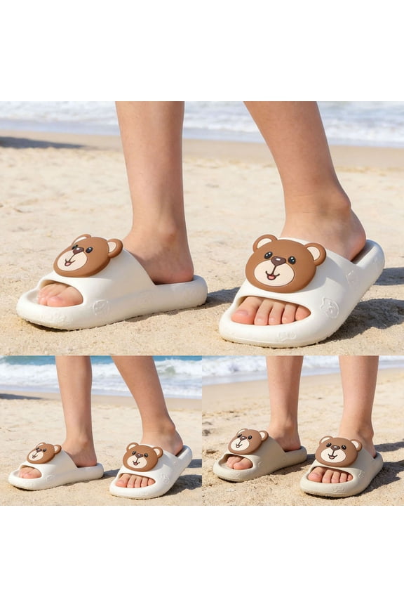 Girls Sandals Cartoon Bear Print Summer Beach Slides Soft Sole Sandals Slippers for Girls Coffee 4-4.5 Years
