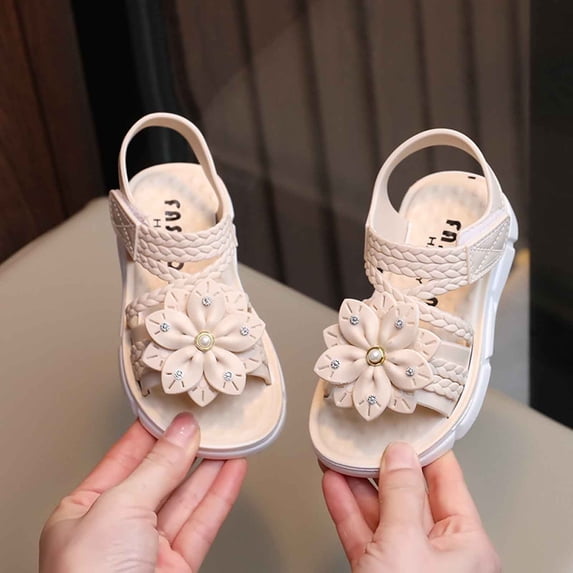 Girls Sandals Flower Open Toe Sandals Summer Casual Beach Sandals (Beige 7-8 Years)