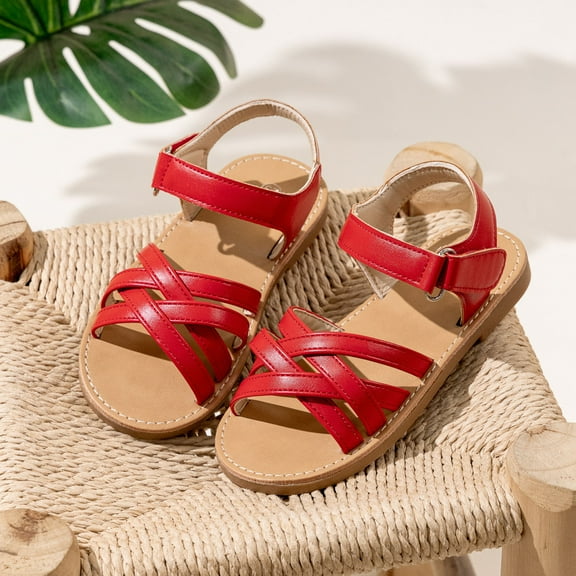 Girls Sandals For Toddlers Soft Sole Glitter PU With Flower Weaving Design Summer Shoes For Baby Casual Girls Sandals Red 27