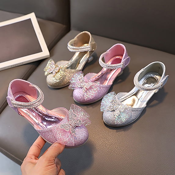 Girls Sandals Glittler Bow Dress Shoes Princess Crystal High Heels Party Wedding Flower Girls Shoes for Kid Toddler