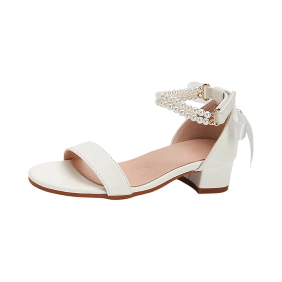 Girls Sandals High Heel Sandals Dress Shoes Summer Footwear Bow And Pearl Strap Lightweight Style For Girls Daily Wear ,11.5-12 Years