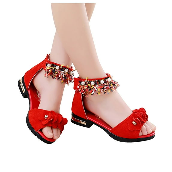 Girls Sandals High Heels Dress Pump Shoes Ankle Strap Open Toe Wedding Party Kid Summer Princess Flats