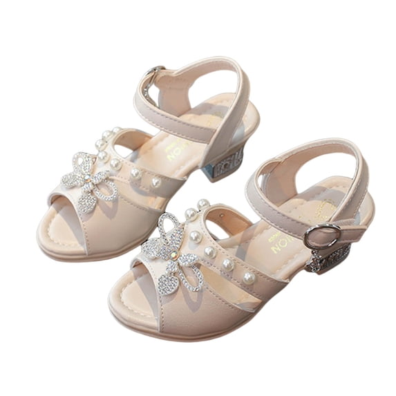 Girls Sandals Open Toe Heels Elegant Pearl Rhinestone Bow Flower Girl Wedding Party Shoes Kids Princess Dress Shoes Beige 3 Big Kid
