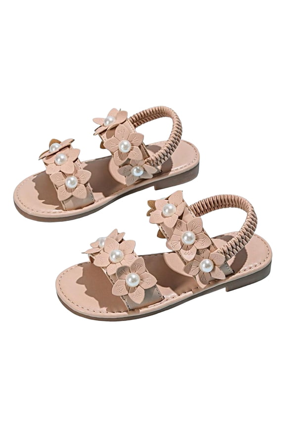 Girls Sandals Pearl Floral Band Summer Casual Flat Shoes Elastic Ankle Strap Slip on Flower Girls Dress Shoes Beige 12.5 Little Kid