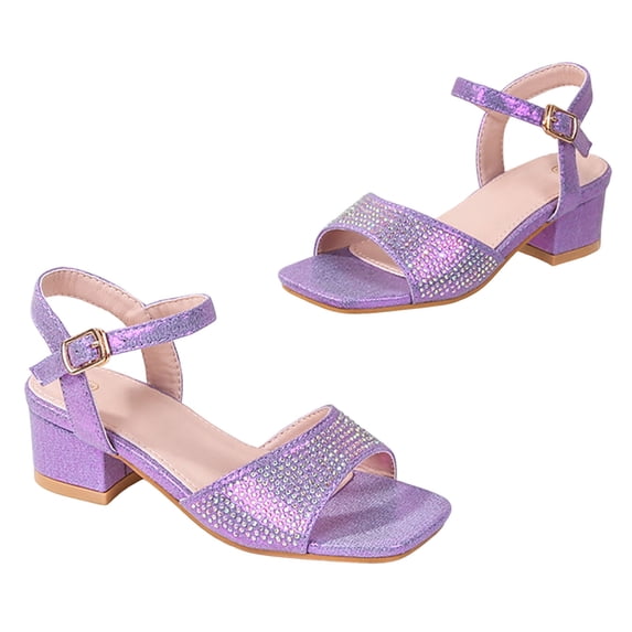 Girls Sandals Solid Color Squared Open Toe Glitter Rhinestone Band Low Heeled Flower Girl Party Wedding Dress Shoes Purple 4 Big Kid
