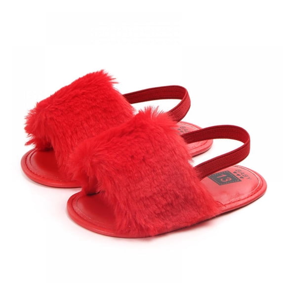 Girls Sandals Toddler, Faux Fur Slides with Elastic Back Strap Flats Shoes for Kids