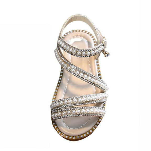 Girls Sandals Wedge Flatform Open Toe Gladiator Strappy Platform Low Heels Sandals Pearl Embellished Princess Sandals Summer Shoes