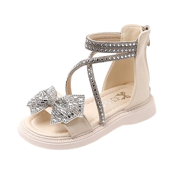 Girls Sandals Wedge Flatform Open Toe Strappy Platform Low Heels Crystal Bow Rhinestone Shoes with Zipper (35,Beige)