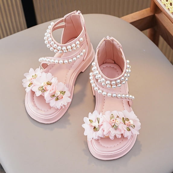 Girls Sandals with Pearl Flower, Open-Toe Closed-Heel Summer Shoes, Soft Sole Cute Princess Sandals for Kids