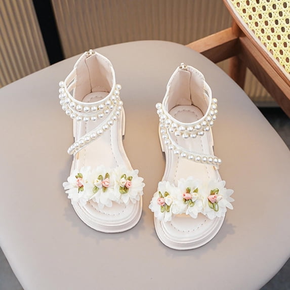Girls Sandals with Pearl Flower, Open-Toe Closed-Heel Summer Shoes, Soft Sole Cute Princess Sandals for Kids