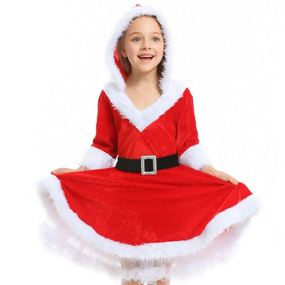 Girls Santa Claus Dress Christmas Costume Outfit Xmas Hooded Princess Dress Up