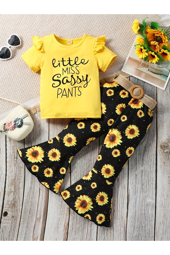 Girls Sassy Letter Graphic T-Shirt & Sunflower Pants Set, 2pcs - Spring/Summer Clothes