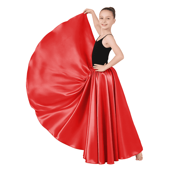 Girls Satin Full Circle Long Dance Skirt Ankle Length Shiny Satin Swing Skirt for Girls 8-12 Years Belly Dance Long Skirt