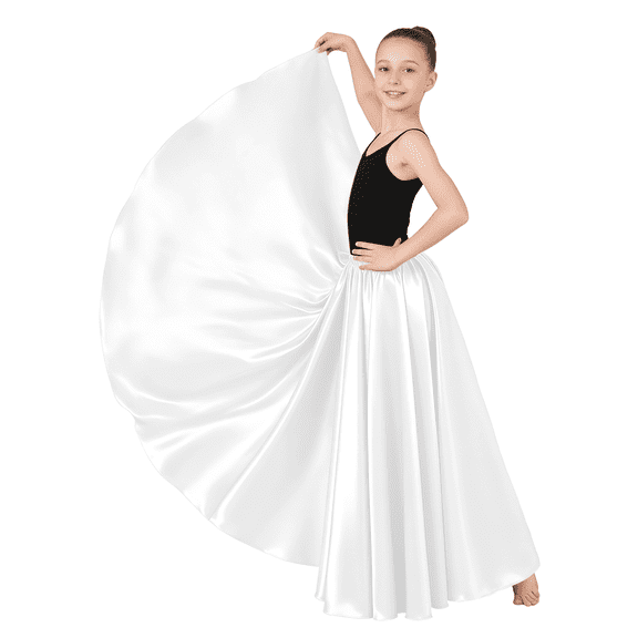 Girls Satin Full Circle Long Dance Skirt Ankle Length Shiny Satin Swing Skirt for Girls 8-12 Years Belly Dance Long Skirt