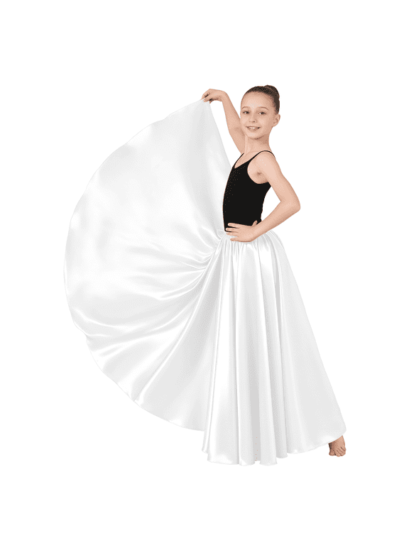 Girls Satin Full Circle Long Dance Skirt Ankle Length Shiny Satin Swing Skirt for Girls 8-12 Years Belly Dance Long Skirt