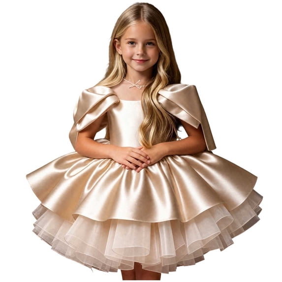 Girls Satin Mini Princess Dresses Cape Sleeve Neck Ruffle Tiered Gowns for Wedding Birthday Party Evening Ceremony Beige 12-13 Years