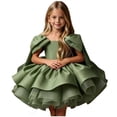 thumbnail image 1 of Girls Satin Mini Princess Dresses Cape Sleeve Neck Ruffle Tiered Gowns for Wedding Birthday Party Evening Ceremony Green 5-6 Years, 1 of 6