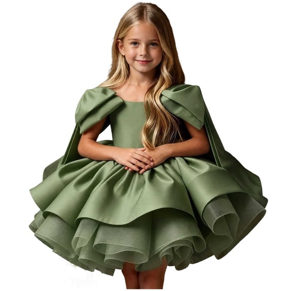 Girls Satin Mini Princess Dresses Cape Sleeve Neck Ruffle Tiered Gowns for Wedding Birthday Party Evening Ceremony Green 5-6 Years
