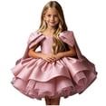 thumbnail image 1 of Girls Satin Mini Princess Dresses Cape Sleeve Neck Ruffle Tiered Gowns for Wedding Birthday Party Evening Ceremony Pink 5-6 Years, 1 of 6