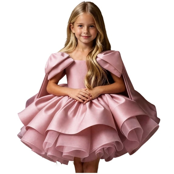 Girls Satin Mini Princess Dresses Cape Sleeve Neck Ruffle Tiered Gowns for Wedding Birthday Party Evening Ceremony Pink 5-6 Years