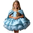 thumbnail image 1 of Girls Satin Mini Princess Dresses Cape Sleeve Neck Ruffle Tiered Gowns for Wedding Birthday Party Evening Ceremony Sky Blue 11-12 Years, 1 of 6