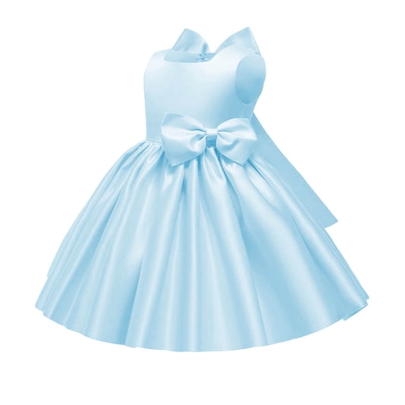 Girls Satin Mini Princess Dresses Trendy Sleeveless Ruched A Line Bow Detail Gown for Wedding Birthday Party Pageant Holiday Ceremony Blue 1-2 Years