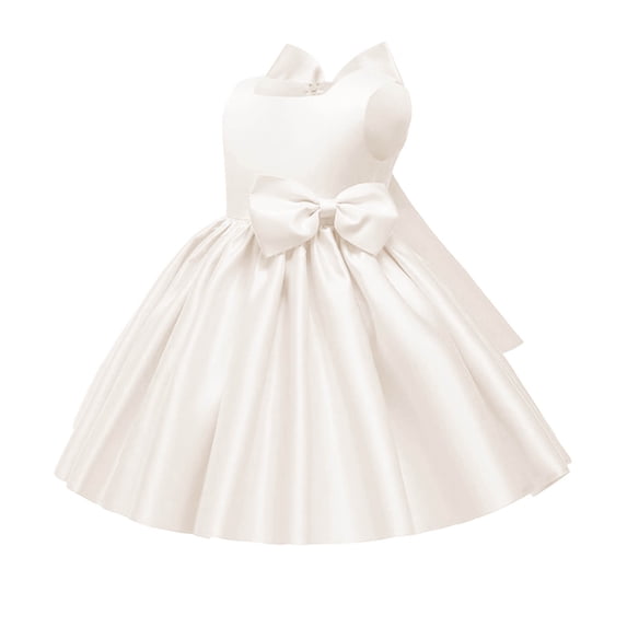 Girls Satin Mini Princess Dresses Trendy Sleeveless Ruched A Line Bow Detail Gown for Wedding Birthday Party Pageant Holiday Ceremony White 7-8 Years
