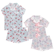 Girls Satin Pajama Set 4 Pack, Short Sleeve Button-Down Sleepwear for Kids, Soft and Breathable Nightwear