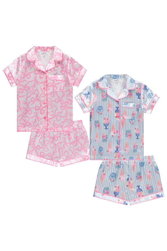 Girls Satin Pajama Set 4 Pack, Short Sleeve Button-Down Sleepwear for Kids, Soft and Breathable Nightwear
