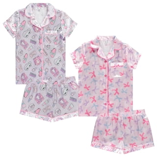 Girls Satin Pajama Set 4 Pack, Short Sleeve Button-Down Sleepwear for Kids, Soft and Breathable Nightwear