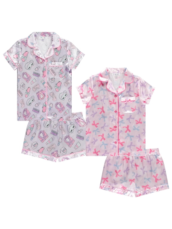 Girls Satin Pajama Set 4 Pack, Short Sleeve Button-Down Sleepwear for Kids, Soft and Breathable Nightwear