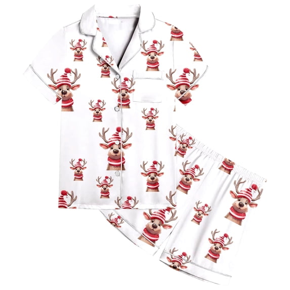 Girls Satin Pajama Set Short Sleeve Sleepwear 2 Piece Loungewear Soft Comfortable Button Down Top and Shorts Classic Holiday Outfit