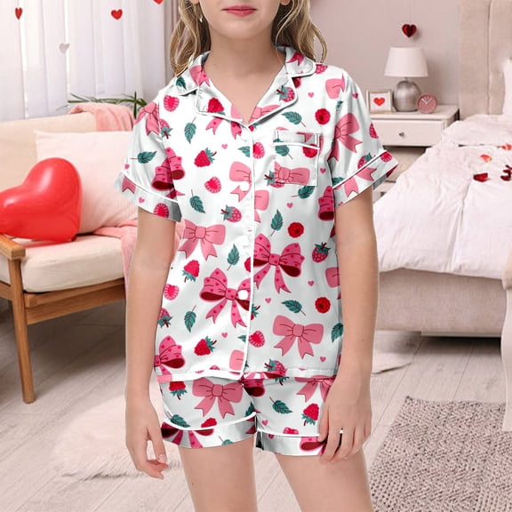 Girls Satin Pajamas Button Down Short Sleeve Pjs Bow Print Trendy Sleepwear Set 2 Piece Sets Pajamas for Kids Red,130
