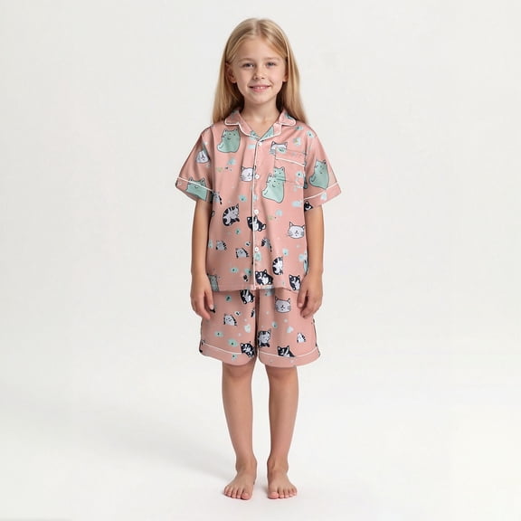 Girls Satin Pajamas Cute Cartoon Pjs Short Sleeve Button Down Shirts Fall Teen Pajamas Kids 10-11 Years