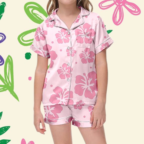 Girls Satin Pajamas Floral Print Short Sleeve Fashion Button Down Girls' Sleepwear 2 Piece Sets Pajamas for Kids Pink,160
