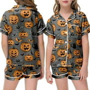 GUITIANNN Girls Satin Pajamas Halloween Pajamas Cute Pumpkin Print Short Sleeve Button Down Shirts Soft Kids Pajama Set for Girls 6-7 Years