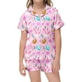 thumbnail image 1 of Girls Satin Pajamas Kids Girls Easter Cartoon Bunny Floral Printed Short Sleeve Button Down Sleepwear Outfits Toddler Pajamas Light Pink 2 Years-3 Years, 1 of 4