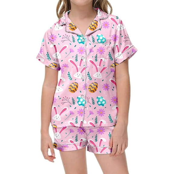 Girls Satin Pajamas Kids Girls Easter Cartoon Bunny Floral Printed Short Sleeve Button Down Sleepwear Outfits Toddler Pajamas Light Pink 2 Years-3 Years